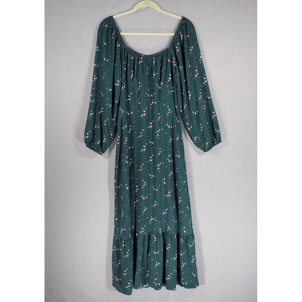 Women Green Milkmaid Floral Cottagecore Midi Maxi Dress Smocked Empire Peasant M